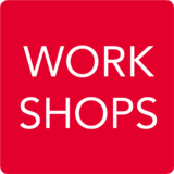 Icon: weißer Schriftzug Workshops vor rotem Hintergrund Icon: weißer Schriftzug Workshops vor rotem Hintergrund