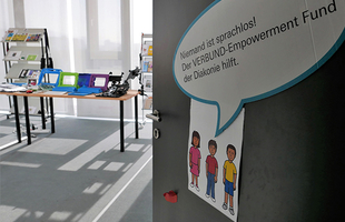 Foto: Türe mit Sprechblase "Niemand ins sprachlos" Foto: Türe mit Sprechblase "Niemand ins sprachlos"